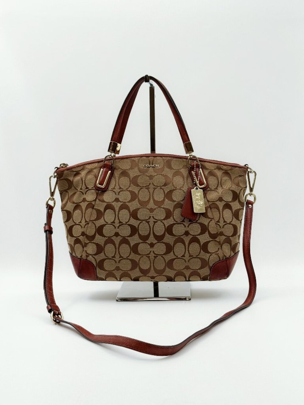 Coach Signature C Jacquard Satchel Brown Leather Trim Crossbody Shoulder Bag